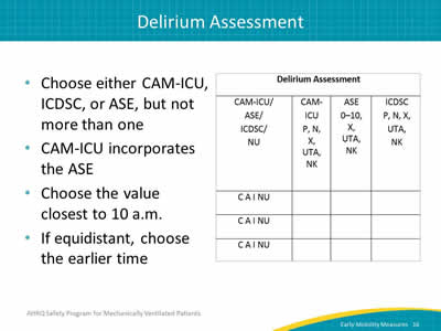 Image: Detail of delirium assessment columns of the data collection tool. Choose either CAM-ICU, ICDSC, or ASE, but not more than one. CAM-ICU incorporates the ASE. Choose the value closest to 10 a.m. If equidistant, choose the earlier time.
