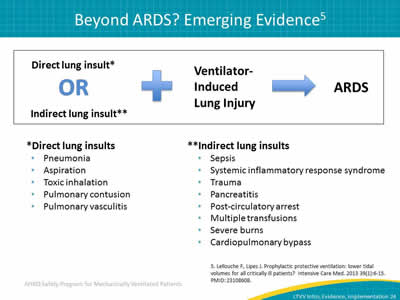 Direct lung insult* or Indirect lung insult** + ventilator-induced lung injury = ARDS. *Direct lung insults: Pneumonia. Aspiration. Toxic inhalation. Pulmonary contusion. Pulmonary vasculitis. **Indirect lung insults: Sepsis. Systemic inflammatory response syndrome. Trauma. Pancreatitis. Post-circulatory arrest. Multiple transfusions. Severe burns. Cardiopulmonary bypass.