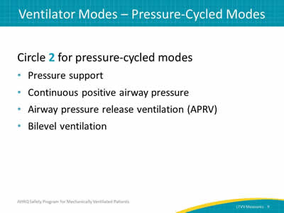 Circle 2 for pressure-cycled modes: Pressure support. Continuous positive airway pressure. Airway pressure release ventilation (APRV). Bilevel ventilation.
