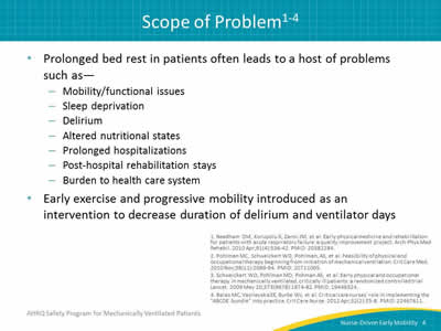 Prolonged bed rest in patients often leads to a host of problems such as:  Mobility/functional issues. Sleep deprivation. Delirium. Altered nutritional states. Prolonged hospitalizations. Post hospital rehabilitation stays. Burden to health care system. Early exercise and progressive mobility introduced as an intervention to decrease duration of delirium and ventilator days.