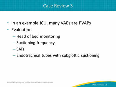 In an example ICU, many VAEs are PVAPs. Evaluation: Head of bed monitoring. Suctioning frequency. SATs. Endotracheal tubes with subglottic suctioning.