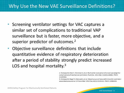 Screening ventilator settings for VAC captures a similar set of complications to traditional VAP surveillance but is faster, more objective, and a superior predictor of outcomes. Objective surveillance definitions that include quantitative evidence of respiratory deterioration after a period of stability strongly predict increased LOS and hospital mortality.