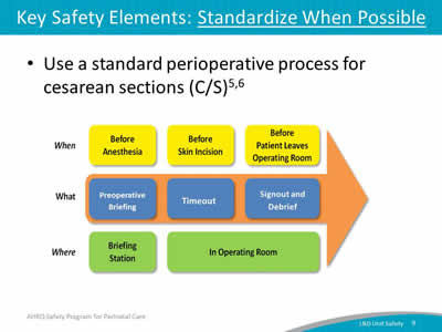 The key safety elements focus on the use of a standard perioperative process. Three rows of text boxes describe the process.