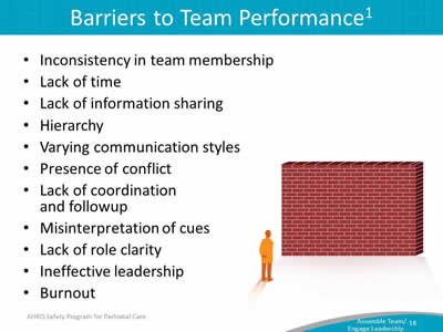 Inconsistency in team membership. Lack of time. Lack of information sharing. Hierarchy. Varying communication styles. Presence of conflict. Lack of coordination and followup. Misinterpretation of cues. Lack of role clarity. Ineffective leadership. Burnout.