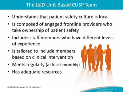 Understands that patient safety culture is local. Is composed of engaged frontline providers who take ownership of patient safety. Includes staff members who have different levels of experience. Is tailored to include members based on clinical intervention. Meets regularly (at least monthly). Has adequate resources.