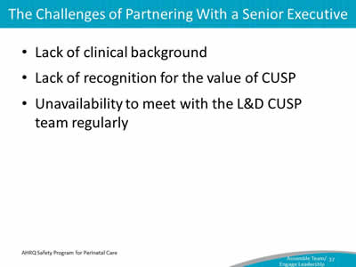 Lack of clinical background. Lack of recognition for the value of CUSP. Unavailability to meet with the L&D CUSP team regularly.