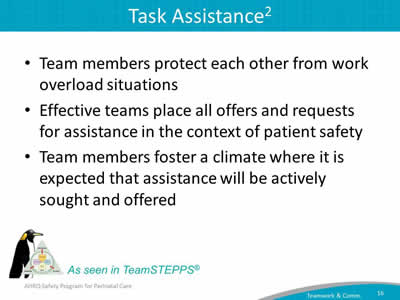 Team members protect each other from work overload situations. Effective teams place all offers and requests for assistance in the context of patient safety. Team members foster a climate where it is expected that assistance will be actively sought and offered.
