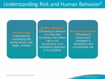 Image: Human Error refers to inadvertently doing something other than what should have been done, such as a slip, lapse, or mistake. At-risk behavior entails choosing to behave in a way that increases risk where risk isn't recognized, or is mistakenly believed to be justified. Reckless behavior is a choice to consciously disregard a substantial and unjustifiable risk.