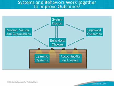 Image: Both system design and behavioral choices have an impact on patient safety. Learning systems, like mission values and expectations, impact system design and in turn, behavioral choices. These inputs also influence the accountability and justice of the environment to bring about improved outcomes.