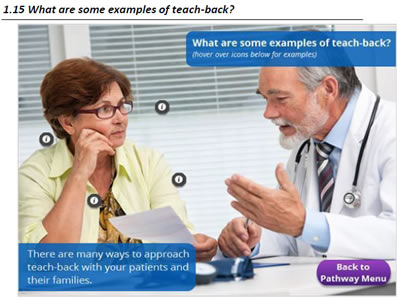 A physician talking with a patient while they review a paper document. There are four information icons overlayed on the image.