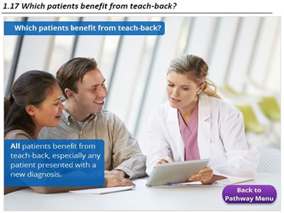 A physician talking with a man and woman as they review information displayed on the screen of an electronic tablet.