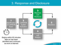 The CANDOR Process described on Slide 8 is shown again, with '3. Response and Disclosure' highlighted. The clock begins when 60 minutes after an event has been identified and continues as more is learned.