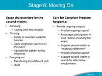 Stage 6: Moving On. Stage characterized by the second-victim: Surviving- Coping with the situation - Thriving - Ability to maintain work/life balance. Gains insight/perspective on the event. Advocate for patient safety initiatives. Dropping out - Transferring to a different unit. Quits. Care for Caregiver Program Response: Provide ongoing support - Provide ongoing support. Encourage participation in case reviews involving the event. Support second-victim in making a difference. Provide ongoing support. Support second-victim in search for alternative employment.