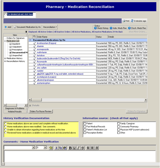 Screenshot of the Pharmacy - Medication Reconciliation Web page.