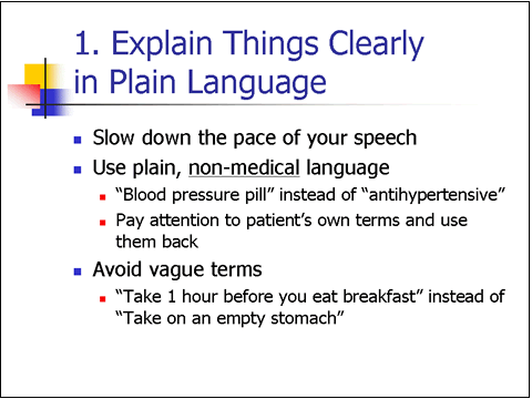 This slide describes methods to explain things clearly to patients. For details, go to the Text Description [D].