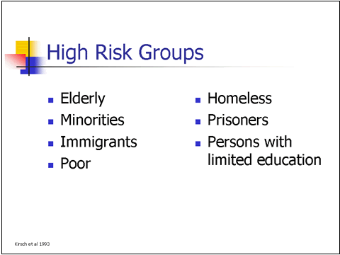 This slide lists members of what is definied as 'high risk groups'. For details, go to the Text Description [D].