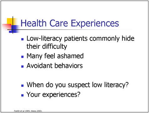 This slide discusses the difficulty of identifying a low-literacy patient. For details, go to the Text Description [D].