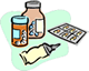 Icon: medication bottles, pill-cards, and tubes.