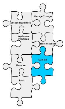 Drawing of jigsaw puzzle with the following pieces: Assess Readiness, Manage Change, Implement Practices, Best Practices, Measure, Sustain, Tools. Sustain is highlighted.