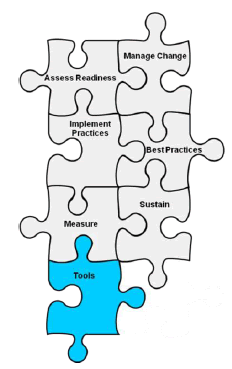 Drawing of jigsaw puzzle with the following pieces: Assess Readiness, Manage Change, Implement Practices, Best Practices, Measure, Sustain, Tools. Tools is highlighted.