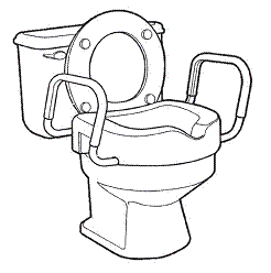 drawing of a raised toilet seat with handrails that is secured to a commode