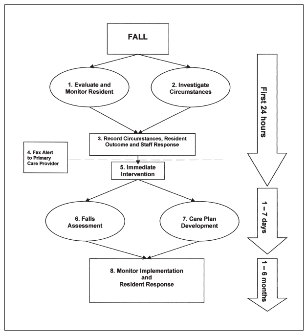 A diagram of the eight steps of the Falls Management Program (FMP) Fall Response: (1) Evaluate and monitor resident for 72 hours after the fall; (2) Investigate fall circumstances; (3) Record circumstances, resident outcome, and staff response; (4) FAX Alert to primary care provider; (5) Implement immediate intervention within first 24 hours; (6) Complete falls assessment; (7) Develop plan of care; (8) Monitor staff compliance and resident response.