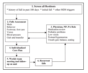 Flow chart: 1. Screen all residents: history of fall in past 180 days, initial fall, other MDS triggers. 2. Falls assessment: medds, behavior, footwear, foot care, vision, blood pressure, gait and transfer. 3. Physician, NP, PA role: medication review, podiatric problems, low vision, postural hypotension, unsafe gait, balance, seating. 4. Individualized care plan. 5. Weekly team meeting and followup on unit. 6. Recurrent falls-return to step 3.