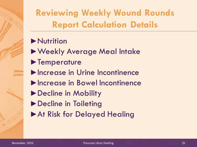 Reviewing Weekly Wound Rounds Report Calculation Details: Nutrition; Weekly Average Meal Intake; Temperature; Increase in Urine Incontinence; Increase in Bowel Incontinence; Decline in Mobility; Decline in Toileting; At Risk for Delayed Healing.