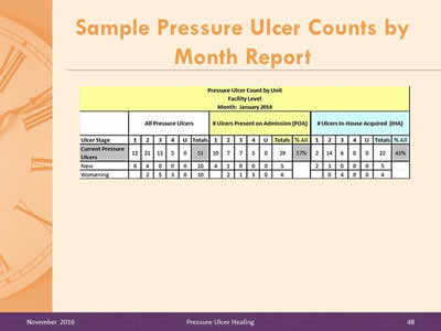 Table shows sample Pressure Ulcer Count by Unit, Facility Level, Month: January 2014.
