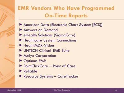 Slide 10: American Data (Electronic Chart System [ECS]). Answers on Demand. eHealth Solutions (SigmaCare). Healthcare System Connections. HealthMDX-Vision. LINTECH-Clinical EMR Suite. Melyx Corporation. Optimus EMR. PointClickCare – Point of Care. Reliable. Resource Systems – CareTracker.