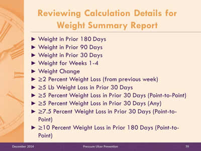Slide 16: Weight in Prior 180 Days. Weight in Prior 90 Days. Weight in Prior 30 Days. Weight for Weeks 1-4. Weight Change. Greater than or equal to 2 Percent Weight Loss (from previous week). Greater than or equal to 5 Lb Weight Loss in Prior 30 Days. Greater than or equal to 5 Percent Weight Loss in Prior 30 Days (Point-to-Point). Greater than or equal to 5 Percent Weight Loss in Prior 30 Days (Any). Greater than or equal to 7.5 Percent Weight Loss in Prior 30 Days (Point-to-Point). Greater than or equal to 10 Percent Weight Loss in Prior 180 Days (Point-to-Point).