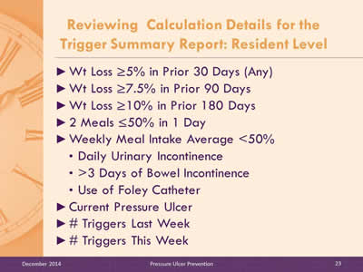 Slide 23: Wt Loss greater than or equal to 5% in Prior 30 Days (Any). Wt Loss greater than or equal to 7.5% in Prior 90 Days. Wt Loss greater than or equal to 10% in Prior 180 Days. 2 Meals less than or equal to 50% in 1 Day. Weekly Meal Intake Average less than or equal to 50%. Daily Urinary Incontinence. More than or equal to 3 Days of Bowel Incontinence. Use of Foley Catheter. Current Pressure Ulcer. # Triggers Last Week. # Triggers This Week.