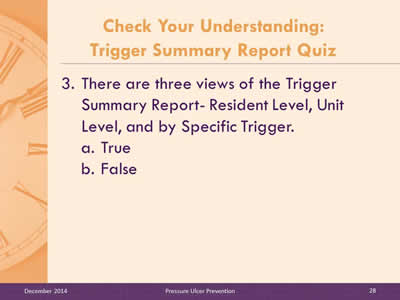 Slide 28: There are three views of the Trigger Summary Report- Resident Level, Unit Level, and by Specific Trigger. True. False.