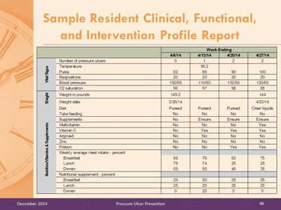 Slide 46. First section of Sample Resident Clinical, Functional, and Intervention Profile Report. Complete table is depicted below Slides 46-48.