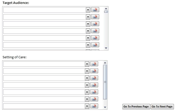 Screenshot shows the eighth data entry page. Data can be entered for Target Audience and Setting of Care.