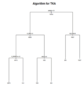 Figure 5. Unpruned Algorithm for TKA. Graphic illustrating classification tree branching for the unpruned TKA algorithm as descibed in the final report narrative.