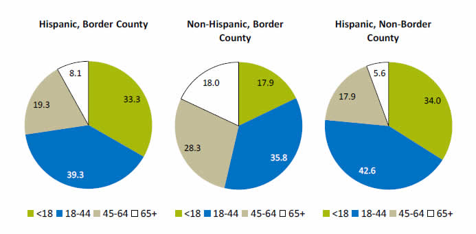 Pie charts show Percentage of the Population, by Age Group. Hispanic, Border County: Less than 18 - 33.3, 18-44 - 39.3, 45-64 - 19.3, 65 and over - 8.1. Non-Hispanic, Border County: Less than 18 - 17.9, 18-44 - 35.8, 45-64 - 28.3, 65 and over - 18.0. Hispanic, Non-Border County: Less than 18 - 34.0, 18-44 - 42.6, 45-64 - 17.9, 65 and over - 5.6.