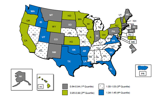 Map of the United States is color-coded by state to show standardized mortality ratios on hemodialysis. States are divided into quartiles: First quartile, 0.64-0.94, AK, CO, CT, DC, IN, MA, ME, MT, NM, PA, RI, SD, VT; second quartile, 0.95-0.99, CA, DE, HI, IL, KS, MN, ND, NH, NY, OH, OR, WI, WY; third quartile, 1.00-1.03, AL, AZ, GA, IA, KY, MD, MO, MS, NC, NE, NV, TN, WV; fourth quartile, 1.04-1.45, AR, FL, ID, LA, OK, PR, SC, TX, UT, VA, WA.