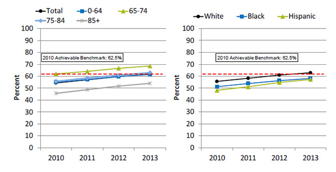 Charts show adult home health patients whose ability to move or walk around improved, by age and race/ethnicity. Text description is below the image.