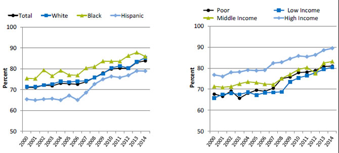 Charts show children ages 0-17 with a well-child visit in the last 12 months, by race/ethnicity and family income. Text description is below the image.